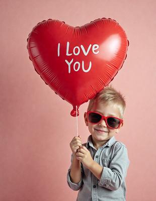 The primary subject of the image is a young boy wearing sunglasses and a grey shirt. He is holding a red heart-shaped balloon with the words "I love you" written on it. The setting is a pink background, which adds a warm and cheerful atmosphere to the scene. The visual style is a photograph, capturing the boy's joyful expression as he holds the balloon.