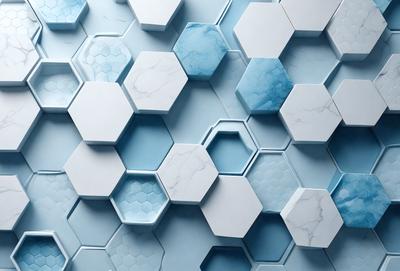 The primary subject of the image is a blue and white marble wall with hexagonal tiles. The setting is a room with a blue and white marble wall as the main focus. The visual style is a close-up of the marble wall, showcasing the intricate patterns and textures. The dominant colors are blue and white, creating a clean and elegant atmosphere.