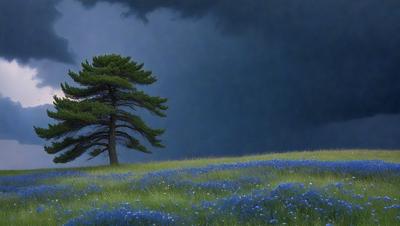 The primary subject of the image is a lone pine tree standing in a grassy field. The setting is a cloudy sky, and the visual style appears to be a photo. The dominant colors are blue and green, creating a serene and peaceful atmosphere.