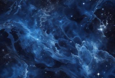 The primary subject of the image is a blue and purple nebula, which is a cloud of gas and dust in space. The setting is a dark, starry sky, with the nebula being the main focus of the image. The visual style is a combination of a photo and digital art, creating a unique and captivating representation of the celestial scene. The colors and mood of the image are predominantly dark and mysterious, with the vibrant blue and purple hues of the nebula contrasting against the black background of the sky.