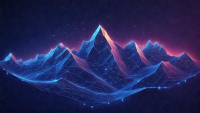The primary subject of the image is a mountain, which is the main object, scene, or focus of the image. The mountain is set against a dark blue sky, creating a striking contrast. The visual style of the image is digital art, as it is a computer-generated representation of the mountain. The dominant colors in the image are blue and purple, giving the scene a serene and dramatic atmosphere.