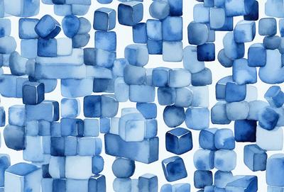 The primary subject of the image is a large blue block with a pattern of smaller blue blocks. The setting is a white background, and the visual style is a digital art or illustration. The dominant colors are blue, and the overall atmosphere is calm and visually appealing.