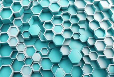 The primary subject of the image is a blue and white honeycomb pattern. The setting is a blue background, which creates a visually appealing contrast with the honeycomb pattern. The visual style is a combination of digital art and illustration, as the honeycomb pattern is created using a digital medium. The dominant colors are blue and white, giving the image a clean and modern appearance.