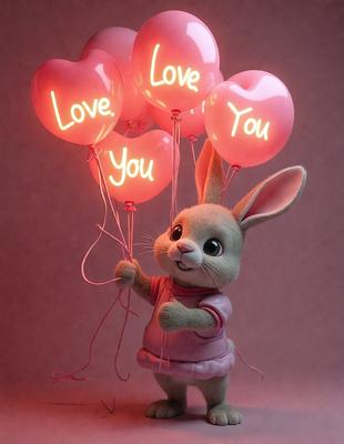 The primary subject of the image is a stuffed bunny holding a heart-shaped balloon. The setting is a pink background, and the visual style is a digital illustration. The colors and mood of the image are predominantly pink, creating a warm and loving atmosphere.