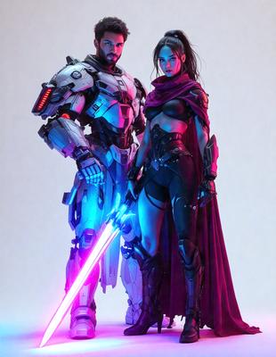 The primary subject of the image is a man and a woman standing next to each other. They are both dressed in futuristic armor, with the man wearing a suit and the woman wearing a cape. The setting appears to be a futuristic environment, possibly a video game or a science fiction scene. The visual style of the image is digital art, as it is a well-rendered and detailed illustration. The dominant colors in the image are pink and purple, giving the scene a futuristic and fantastical atmosphere.