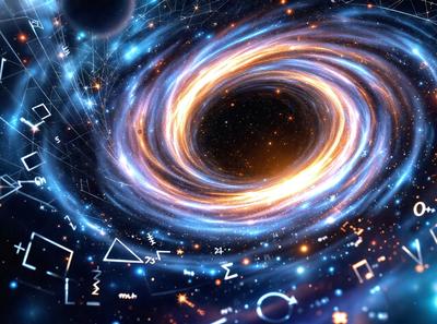 The primary subject of the image is a large, brightly colored, and intricately designed black hole. The setting is a space filled with various celestial objects, including stars and planets. The visual style is a combination of digital art and illustration, creating a vibrant and dynamic scene. The colors and mood of the image are predominantly blue and orange, with a sense of wonder and exploration.