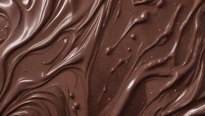 The primary subject of the image is a close-up of a chocolate sauce, which appears to be a chocolate fountain. The setting is a table, and the visual style is a close-up of the chocolate sauce. The colors and mood of the image are predominantly brown, with a rich and indulgent atmosphere.