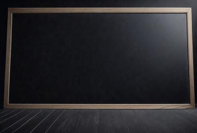 The primary subject of the image is a blackboard with a white frame. The setting is a room with a wooden floor. The visual style is a photo, and the dominant colors are black and white. The overall atmosphere is minimalistic and clean.