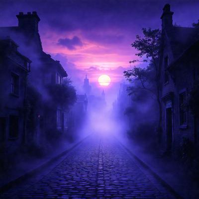The primary subject of the image is a street with a purple sky and a sunset in the background. The setting is a city street with buildings on both sides. The visual style is a digital art or illustration, creating a moody and atmospheric scene. The colors and mood are dominated by purple hues, giving the image a unique and artistic appearance.