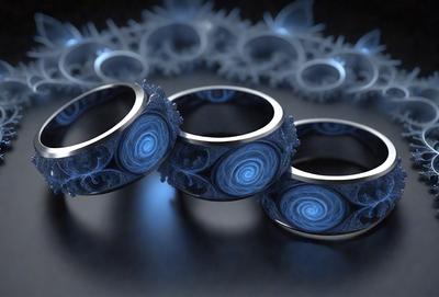The primary subject of the image is a close-up of three blue and silver rings. The setting is a black surface, and the visual style appears to be a combination of photo and digital art. The dominant colors are blue and silver, creating a modern and stylish atmosphere.