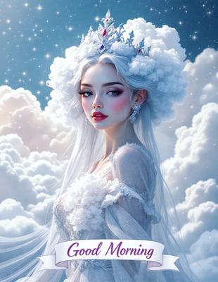 The primary subject of the image is a woman with long white hair, wearing a crown and a white dress. She is standing in front of a cloudy sky, which serves as the setting for the scene. The visual style of the image is digital art, with the woman being depicted as a character in a painting. The colors and mood of the image are predominantly white and serene, creating a sense of tranquility and beauty.
