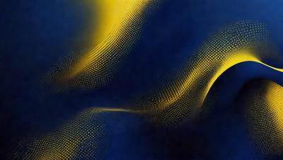 The primary subject of the image is a blue background with a yellow pattern or design. The setting appears to be a dark room, and the visual style is a combination of digital art and illustration. The dominant colors are blue and yellow, creating a mood of calmness and tranquility.
