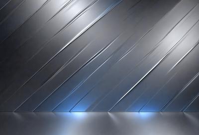 The primary subject of the image is a silver wall with a blue light shining on it. The setting is a room with a silver wall, and the visual style appears to be a photo. The dominant colors are silver and blue, creating a modern and sleek atmosphere.