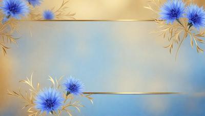 The primary subject of the image is a blue background with a gold frame. The setting is a cloudy sky, and the visual style is a digital art or illustration. The dominant colors are blue and gold, creating a calm and serene atmosphere.