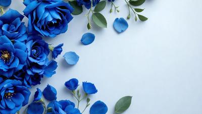The primary subject of the image is a bouquet of blue flowers, which are scattered across a white background. The flowers are arranged in a visually appealing manner, creating a sense of depth and dimension. The setting appears to be a simple, clean environment, with no distractions or clutter. The visual style of the image is a close-up of the flowers, emphasizing their beauty and details. The dominant colors in the image are blue and white, which contribute to a calm and serene atmosphere.