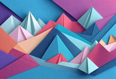 The primary subject of the image is a mountain made of paper. The mountain is colorful and features a variety of shades, including pink, blue, and green. The setting is a blue background, which provides a contrasting and visually appealing backdrop for the paper mountain. The visual style of the image is a combination of digital art and illustration, as the paper mountain is skillfully crafted and presented. The overall atmosphere of the image is vibrant and creative, showcasing the artist's talent in transforming a simple piece of paper into a captivating and intricate mountain landscape.