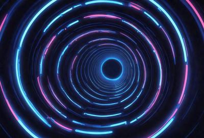 The primary subject of the image is a tunnel-like structure with a blue and pink lighting effect. The tunnel appears to be a part of a larger, circular structure. The setting is a dark environment, and the visual style is a combination of digital art and illustration. The dominant colors in the image are blue and pink, creating a vibrant and lively atmosphere.