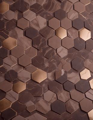The primary subject of the image is a marble wall with a pattern of hexagonal shapes. The setting is a room with a brown marble wall, and the visual style is a close-up of the wall. The dominant colors are brown and gold, giving the wall a warm and luxurious appearance.
