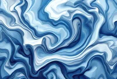 The primary subject of the image is a blue and white ocean wave. The setting is the ocean, with the wave being the main focus of the image. The visual style is a digital art or illustration, as the wave is depicted in a detailed and artistic manner. The dominant colors are blue and white, creating a serene and calming atmosphere.
