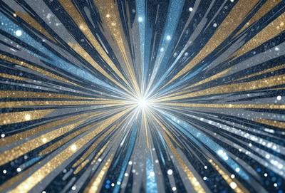 The primary subject of the image is a bright, colorful, and shiny starburst. The setting is a dark background, which contrasts with the bright starburst. The visual style is a combination of digital art and illustration, creating a vibrant and eye-catching pattern. The colors and mood of the image are predominantly blue and yellow, giving it a lively and energetic atmosphere.