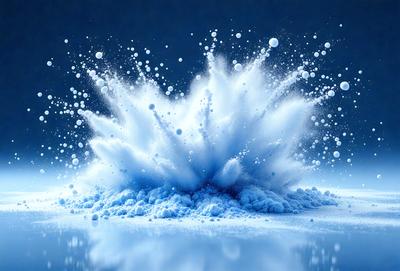 The primary subject of the image is a blue, foamy, and bubbly substance, which appears to be a water-based material. The setting is a blue background, which complements the blue substance. The visual style is a digital art or illustration, as the substance is depicted in a creative and artistic manner. The colors and mood of the image are predominantly blue, creating a serene and calming atmosphere.