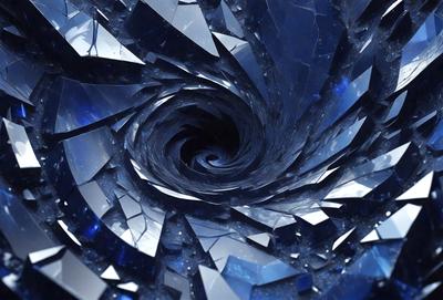 The primary subject of the image is a spiral-shaped structure made of glass or crystal. The setting is a dark, possibly underground environment, with the spiral as the main focal point. The visual style appears to be a combination of digital art and illustration, creating a unique and intricate design. The colors and mood of the image are predominantly dark and mysterious, with the glass or crystal elements adding a touch of elegance and sophistication.