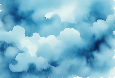 The primary subject of the image is a cloudy blue sky with white clouds. The setting is a vast, open sky, and the visual style is a painting or drawing. The colors and mood of the image are predominantly blue and white, creating a serene and peaceful atmosphere.