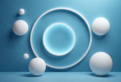 The primary subject of the image is a large, blue circle with a white center. The circle is surrounded by several white spheres, creating a visually appealing and harmonious composition. The setting appears to be a blue wall, which serves as a backdrop for the circle and spheres. The visual style of the image is a combination of digital art and illustration, giving it a modern and artistic appearance. The colors and mood of the image are predominantly blue and white, with a sense of calmness and tranquility.