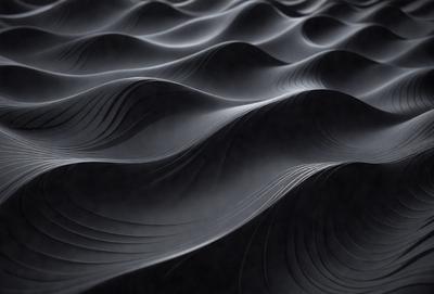 The image is a black and white photo of a mountainous landscape. The primary subject is the mountain range, which is depicted in a series of waves or ripples. The setting is a dark background, which contrasts with the light and shadow of the mountain range. The visual style is a combination of photography and artistic interpretation, creating a unique and captivating image. The colors and mood are predominantly dark and dramatic, with the mountain range serving as the focal point and the main subject of the photo.