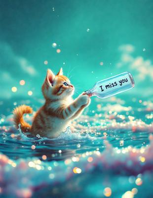 The primary subject of the image is a small kitten holding a bottle of water. The setting is a blue ocean, and the visual style appears to be a digital art or illustration. The dominant colors are blue and orange, creating a calm and playful atmosphere.