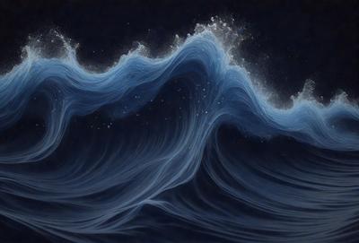 The primary subject of the image is a large wave, which is the main focus of the scene. The wave is depicted in a blue and white color scheme, giving it a dynamic and powerful appearance. The setting is a dark blue background, which contrasts with the wave and adds to the dramatic effect. The visual style of the image is a combination of digital art and illustration, creating a striking and realistic representation of the ocean wave.