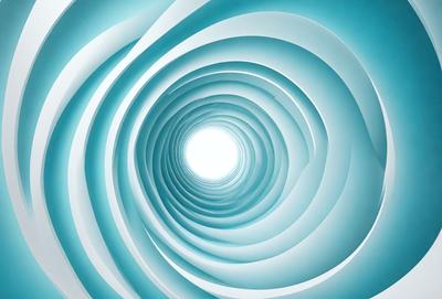 The primary subject of the image is a tunnel-like structure with a blue color scheme. The tunnel appears to be made of white tubes, and it is illuminated by a bright light, creating a sense of depth and space. The setting is a blue and white environment, which adds to the overall atmosphere of the image. The visual style of the image is a combination of photo and digital art, creating a unique and captivating scene.