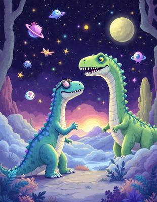 The primary subject of the image is a cartoon illustration of two dinosaurs, specifically two green and white alligator dinosaurs, standing next to each other. They are positioned in a scene with a backdrop of a night sky, which adds a sense of depth and atmosphere to the image. The visual style of the image is a digital art or illustration, showcasing the creativity and imagination of the artist. The colors and mood of the image are predominantly green and white, giving the scene a calm and serene atmosphere.