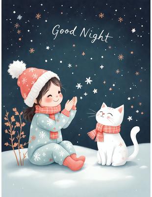 The primary subject of the image is a young girl sitting on the ground, wearing a winter coat and a hat. She is smiling and waving at a white cat, which is sitting next to her. The setting is a snowy environment, with the girl and the cat surrounded by snow. The visual style of the image is a digital art or illustration, with a warm and cozy atmosphere created by the colors and the winter clothing.