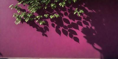 The primary subject of the image is a wall with a purple color. The setting is an outdoor environment, with a tree and a red wall in the background. The visual style appears to be a photo, capturing the purple wall and the tree's shadow. The colors and mood of the image are predominantly purple, creating a calm and serene atmosphere.