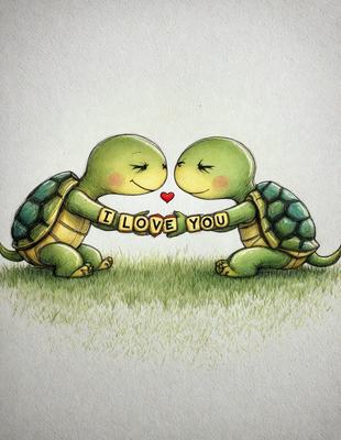 The image features two turtles, one green and one yellow, standing close to each other and holding a heart. The heart is written in the word "love" on a piece of paper. The turtles are positioned in a grassy area, creating a warm and affectionate scene. The visual style of the image is a combination of digital art and illustration, giving it a unique and creative appearance.