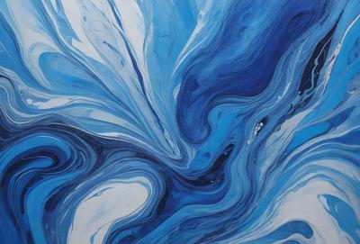 The primary subject of the image is a blue and white painting featuring a swirling design. The setting is a canvas, and the visual style is a painting. The dominant colors are blue and white, creating a calm and serene atmosphere.
