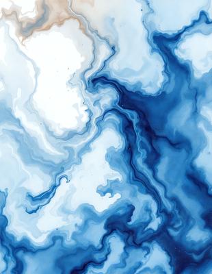 The primary subject of the image is a blue and white painting or artwork. The setting is a cloudy sky, and the visual style appears to be a combination of digital art and illustration. The dominant colors are blue and white, creating a calm and serene atmosphere.