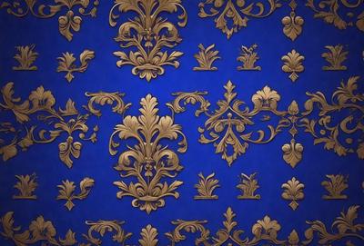 The primary subject of the image is a blue wall with a gold design. The setting is a room with a blue background. The visual style is a combination of digital art and illustration. The dominant colors are blue and gold, creating a rich and luxurious atmosphere.