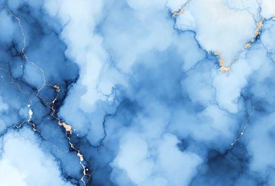 The primary subject of the image is a blue and white cloudy sky. The setting is a blue background, which creates a contrasting and visually appealing scene. The visual style is a painting, which adds a sense of artistic expression and creativity to the image. The dominant colors are blue and white, creating a serene and calming atmosphere.