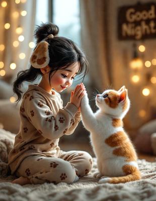The image features a young girl sitting on a bed, petting a small orange and white kitten. The girl is wearing a brown and white outfit, and the kitten is positioned close to her. The scene appears to be a cozy and warm moment between the girl and the kitten.