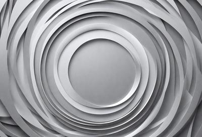 The primary subject of the image is a large, circular, silver sculpture. The setting is a white background, which contrasts with the silver sculpture. The visual style is a combination of photo and digital art, creating a unique and intriguing piece of art. The colors and mood of the image are predominantly silver and white, giving it a clean and modern appearance.