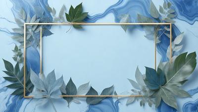 The primary subject of the image is a blue wall with a wooden frame. The setting is a room with a blue background, and the visual style is a combination of a photo and digital art. The colors and mood of the image are predominantly blue, creating a calm and serene atmosphere.