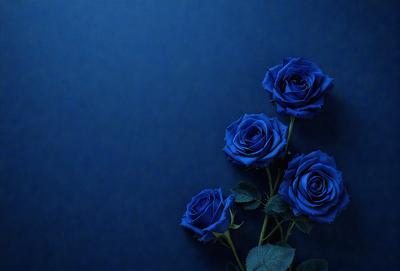 The primary subject of the image is a bouquet of blue roses. The setting is a dark blue background, which creates a dramatic and moody atmosphere. The visual style is a close-up of the flowers, emphasizing their vibrant color and delicate petals. The overall mood of the image is serene and captivating, with the blue roses standing out against the rich blue background.