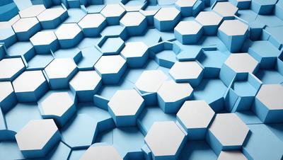 The primary subject of the image is a blue wall with a pattern of white hexagons. The setting is a room with a blue background, and the visual style appears to be a digital art or illustration. The dominant colors are blue and white, creating a calm and soothing atmosphere.