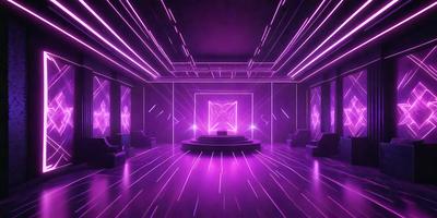 The primary subject of the image is a purple room with a circular platform in the center. The room is illuminated by purple lights, creating a unique and visually striking atmosphere. The setting appears to be a futuristic or modern space, possibly a club or a high-tech event venue. The visual style of the image is a combination of digital art and illustration, with the purple lights and the circular platform creating a striking and memorable scene. The colors and mood of the image are predominantly purple, which gives the space a sense of sophistication and modernity.