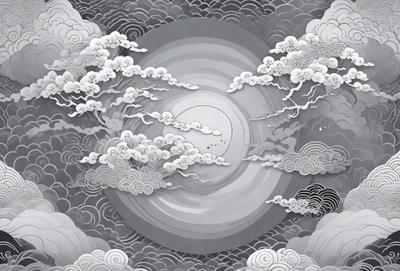 The primary subject of the image is a large, round, white circle with a sun in the middle. The circle is surrounded by a cloudy sky, which adds to the overall atmosphere of the scene. The visual style of the image is a combination of digital art and illustration, creating a unique and intricate design. The colors in the image are predominantly white and gray, giving the scene a calm and serene mood.