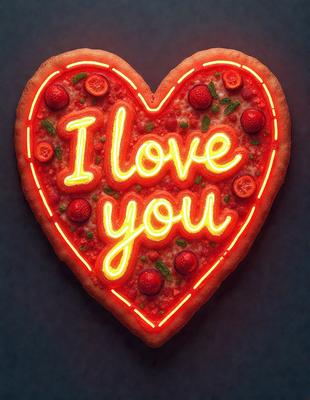 The primary subject of the image is a heart-shaped pizza with a message written on it. The heart is made of pizza slices, and the message reads "I love you." The setting is a dark background, and the visual style appears to be a digital art or illustration. The colors are predominantly red and yellow, creating a warm and affectionate atmosphere.