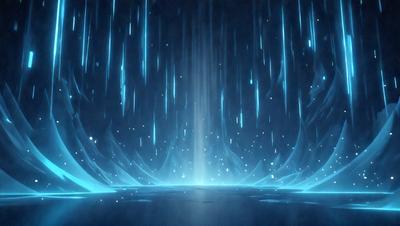 The primary subject of the image is a blue and white light show, possibly a waterfall or a light display. The setting is a dark, blue-lit environment, which adds to the overall mood of the scene. The visual style of the image is digital art, as it appears to be a computer-generated or digitally edited image. The colors and mood of the image are predominantly blue and serene, creating a sense of calmness and tranquility.