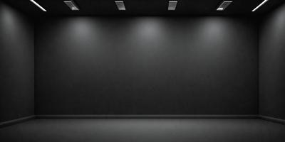 The primary subject of the image is a black wall with a row of lights on it. The setting is a dark room, and the visual style is a black and white photo. The dominant colors are black and white, and the overall atmosphere is moody and dramatic.